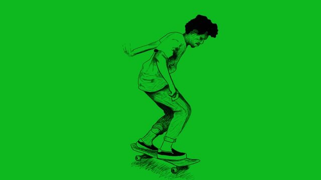 hand drawn rotoscope animation of person jumping with skateboard on green screen background