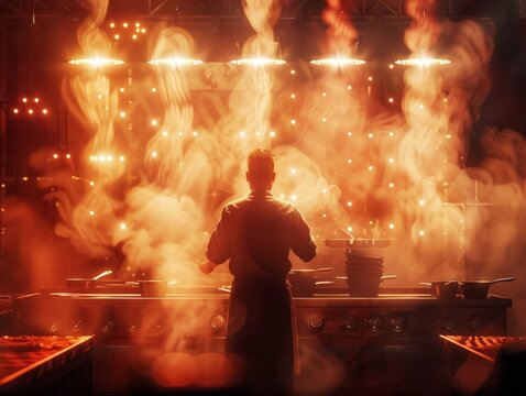 Culinary Masterpiece, unique recipe, final showdown on a grand stage, top chef finale, dramatic atmosphere, 3D , silhouette lighting, HDR camera effect