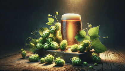 Glass of frothy beer surrounded by fresh hops on a wooden table, warmly lit, AI-generated. - obrazy, fototapety, plakaty