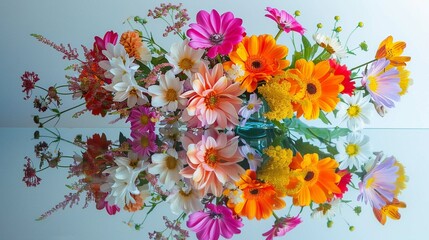 A bouquet of brightly colored flowers in a vase sitting on a mirrored surface. 