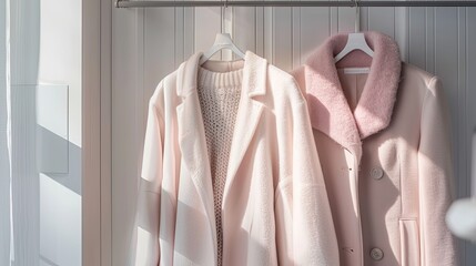 A sophisticated display of a white-pink-wine coat and sweater on hangers in a high-end fashion store. These classic pieces showcase timeless elegance in women's fashion.
