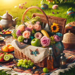 A picnic on a green meadow with a basket of fruits and flowers
