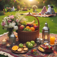 A picnic on a green meadow with a basket of fruits and flowers