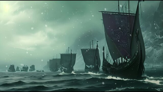 AI Generated epic flotilla of Viking longships embarks under a brooding sky