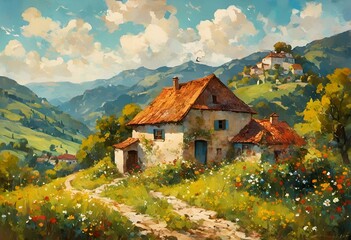 AI generated illustration of a rural landscape painting of a house on a hillside - obrazy, fototapety, plakaty