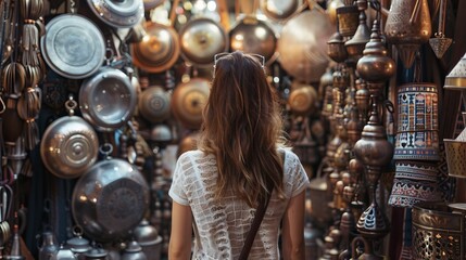 Fototapeta na wymiar Young traveling woman visiting a copper souvenir handicraft shop in Marrakesh, Morocco - Travel lifestyle concept fcea-42e7-8989-434f91aa4728