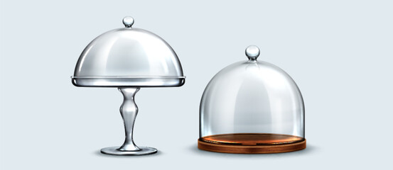 3d realistic glass dome stand for cake with plate. Dessert platter container to serve pastry food. Crystal cloche for table to display cupcake or pie. Bell lid glassware set for kitchen exhibition