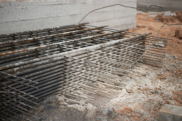 Embedded parts for the foundation at the construction site. Close-up. Elements for pouring a...