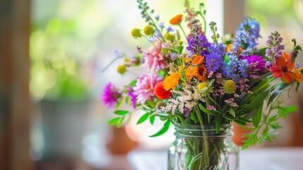 a variety of colors and textures, with the wildflowers spilling out of the jar in a casual arrangement. 