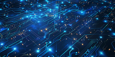 Fototapeta premium Blue technology background with glowing circuit lines and dots on a dark blue background, blue technology business background, banner