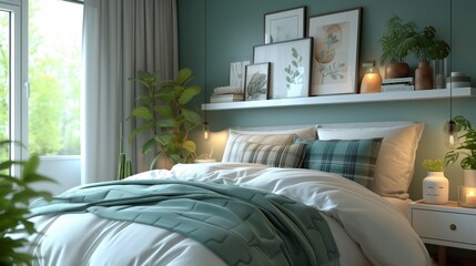 Interior of modern bedroom. Green and white color Gray, dark gray, beige, white pillows on bed with green wall bedroom with posters and lamps and home plants. Interior modern cute cozy home design.