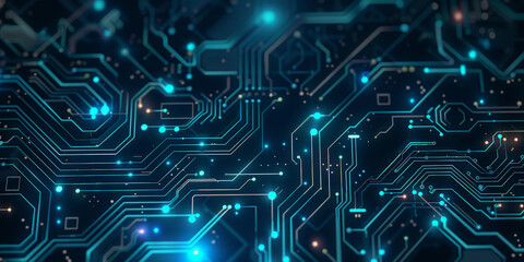 Blue technology background with glowing circuit lines and dots on a dark blue background, blue technology business background, banner