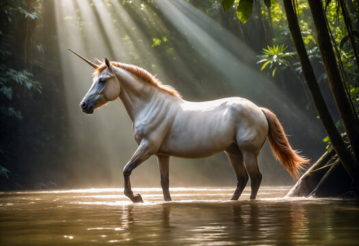 AI-generated illustration of A unicorn in the Amazon rainforest