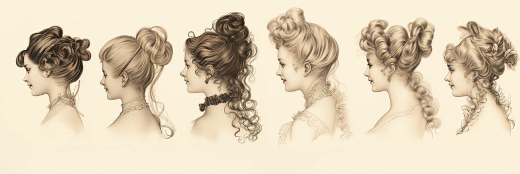 AI generated illustration a unique drawing of a series of women with Victorian hairstyles