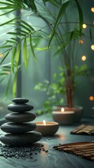Photo of modern style, closeup view, Zen stones and bamboo on the table with light green background, candlelight in corner, spa concept, copy space for text, space at top for design.