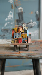 Stories template phone background with delightful and fanciful arrangement of tiny, multicolored houses on a wooden shelf is depicted. Each house, painted in bright colors, copy space