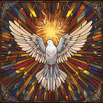 Illustration of white dove on golden stained glass
