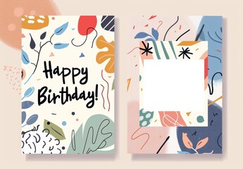 A two sides pages happy birthday cards in minimal cute design illustration, beige and colorful theme, for kids and children, AI Generated.