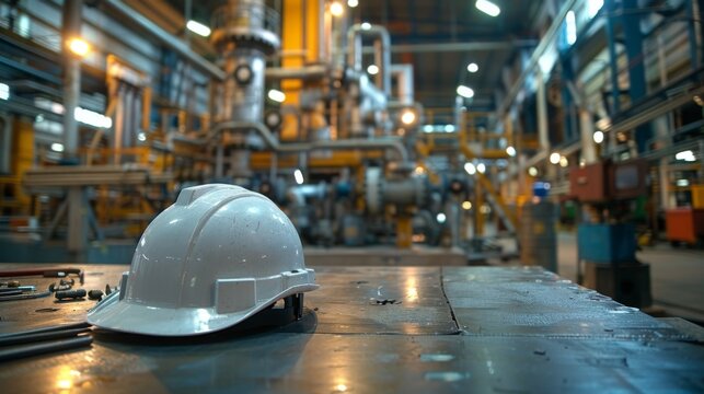 hard hat sits on table with tools and equipment in background, depicting industrial setting. oil and gas plant or other industrial facility, with machinery and infrastructure implied.