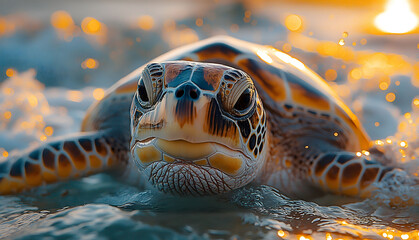 A turtle is swimming in the ocean. The turtle is small and has a brown and yellow shell