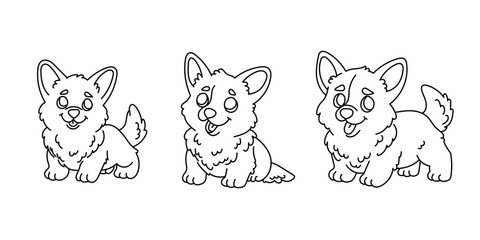 Line art coloring page for kids. Kindergarten or preschool coloring activity. Kawaii welsh corgi puppies. Cute pet vector illustration