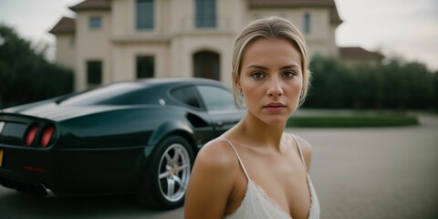 Fototapeta na wymiar AI-generated illustration of a woman in a white dress posing in front of a black car and a villa