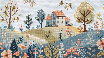 Charming Embroidered Cottage Garden - obrazy, fototapety, plakaty