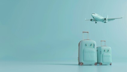 A blue suitcase with a pink and white airplane on top of it, 3D render of travel elements suitcase and hat, camera with map background, plane flying in the sky. - obrazy, fototapety, plakaty