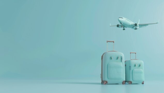 A blue suitcase with a pink and white airplane on top of it, 3D render of travel elements suitcase and hat, camera with map background, plane flying in the sky.