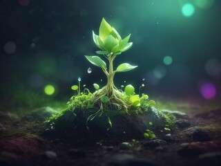 AI generated illustration of a vibrant green leafy plant is illuminated in a warm light