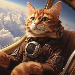 AI generated illustration of a ginger cat as a pilot, peering out from the cockpit of a glider - obrazy, fototapety, plakaty