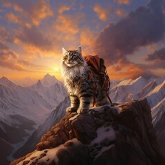 AI generated illustration of a fluffy cute Siberian cat with a backpack on a cliff - obrazy, fototapety, plakaty