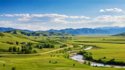 AI generated illustration of vibrant green fields, valleys, and trees in a spacious landscape