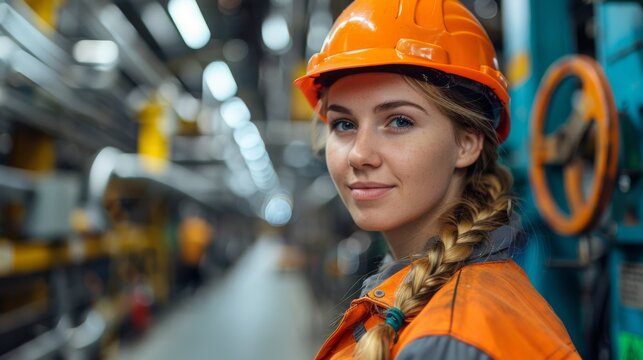 A woman worker in clean clothes stands against the backdrop of an industrial warehouse. Realistic photography --no hand, palm, brands, logo, tattoo, dirt --ar 16:9 --style raw --stylize 700 Job ID