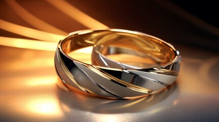 AI generated illustration of wedding rings on table with soft light rays - obrazy, fototapety, plakaty