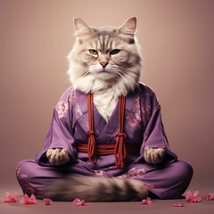 AI generated illustration of an adorable long-haired cat wearing a traditional kimono
