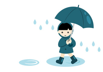 雨の中傘をさすレインコートの男の子