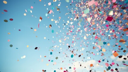 AI generated illustration of vibrant confetti cascading against the sky - obrazy, fototapety, plakaty