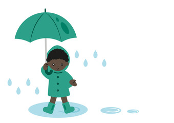 雨の中傘をさすレインコートの男の子2