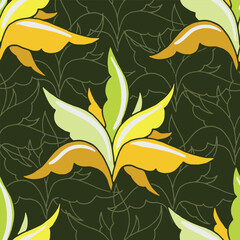 Vector dark green seamless pattern background: Iris In The Woods.