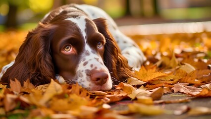 AI generated illustration of a cute Spaniel lying on autumn leaves on a paved sidewalk