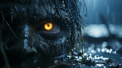 a close up image of a zombie face with orange eyes in the rain - obrazy, fototapety, plakaty