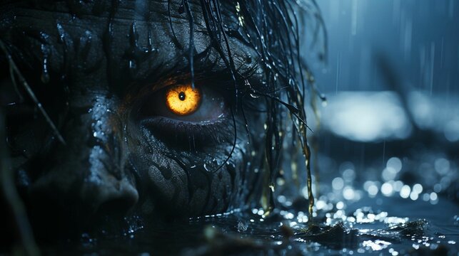 a close up image of a zombie face with orange eyes in the rain