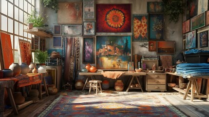 Fototapeta na wymiar AI-generated illustration of an artistic shop with a large rug and multiple paintings