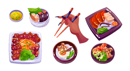 Obraz premium Traditional korean food cartoon collection. Plates and bowls with oriental meals for dinner and female hand with chopsticks. Vector set of popular Asian restaurant cuisine spicy delicious cooking.
