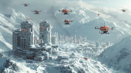 A group of drones carrying medical equipment flying over the city and hospital on winter season, in a concept art illustration