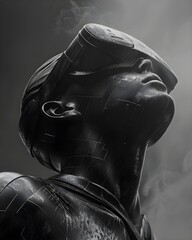 Black Charcoal Statue of Man with Futuristic VR Goggles, Monochrome Dark Theme HD Creative Wallpaper