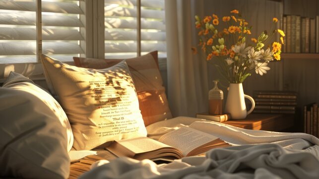 a cozy reading nook, with sunlight streaming onto highlighted quotes in a book, evoking a sense of introspection and inspiration.