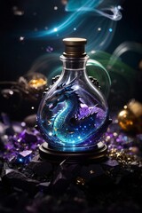 Obraz na płótnie Canvas AI generated illustration of a glass bottle filled with blue liquid decorated with a dragon statue