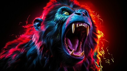 AI generated illustration of a gorilla baring its teeth against a backdrop of blazing red flames - obrazy, fototapety, plakaty